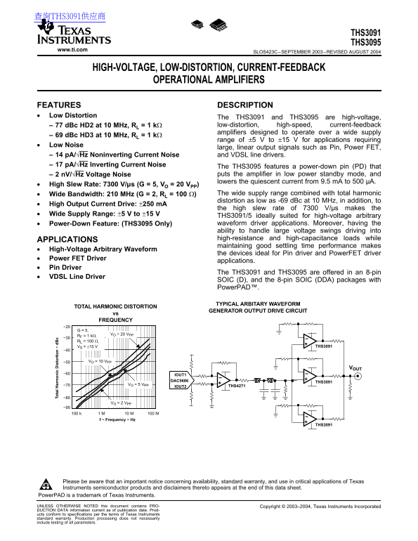 Texas Instruments THS3091 THS3095 High-Voltage, Low-Distortion, Current-Feedback Operational Amplifiers - Page 1
