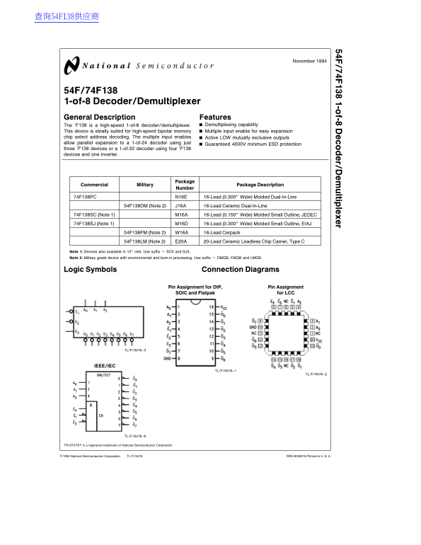 Fairchild 54F, 74F138 Data Handbook - Page 1