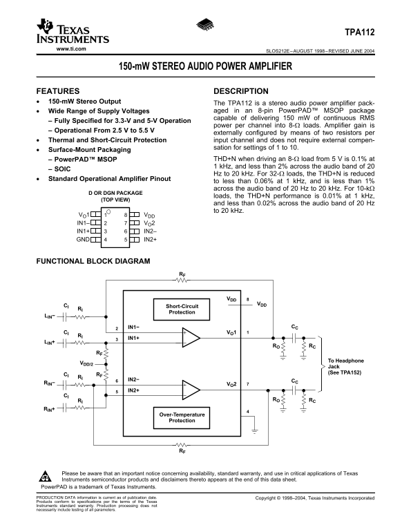 Texas Instruments TPA112 150-mW Stereo Audio Power Amplifier Data Sheet - Page 1