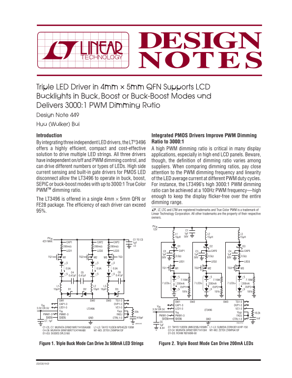 Dell Vostro 3660 3669 Owner's Manual Linear Triple LED Driver in 4mm × 5mm QFN - Supports LCD Backlights in Buck, Boost or Buck-Boost Modes, and Delivers 3000 Lumens with a 1:1 PWM Dimming Ratio Design Note No. 449 Hua (Walker) Bai - Page 1