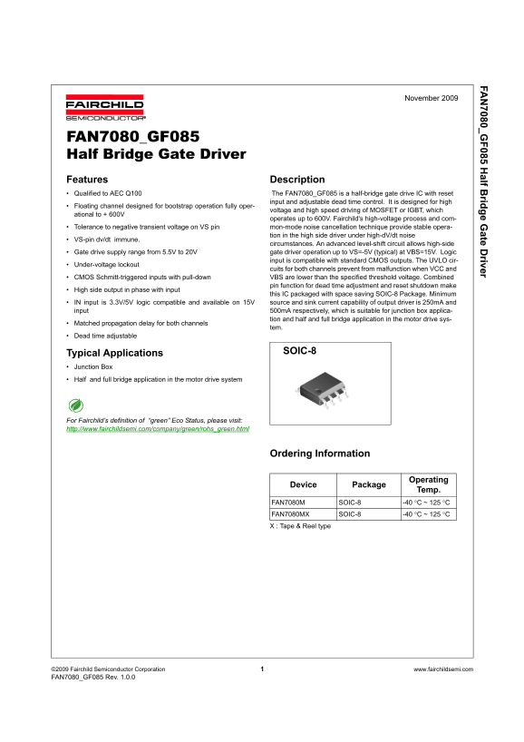 Fairchild Fan7080_GF085 Half Bridge Gate Driver Data Handbook - Page 1