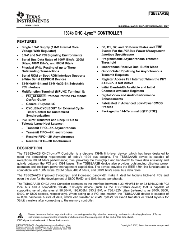 Texas Instruments TSB82AA2B 1394b OHCI-Lynx CONTROLLER datasheet user manual - Page 1