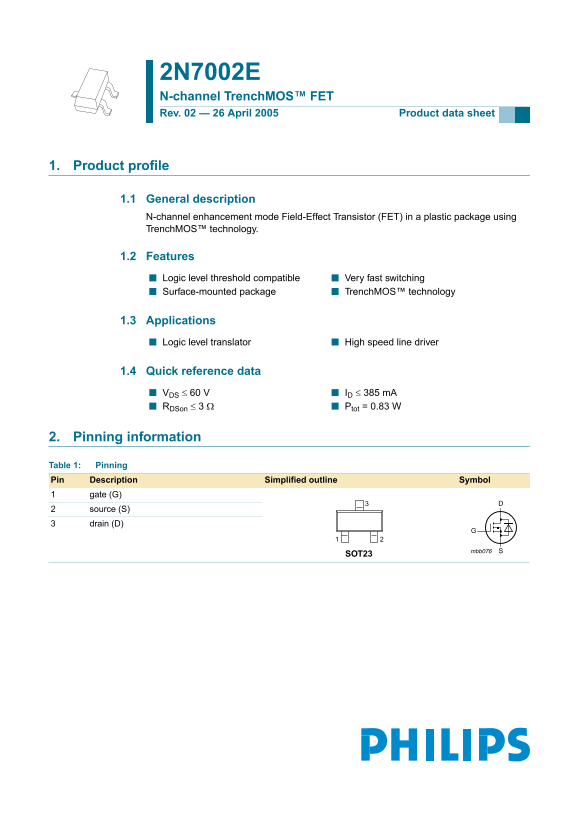 Philips 2N7002E Data Sheet - Page 1
