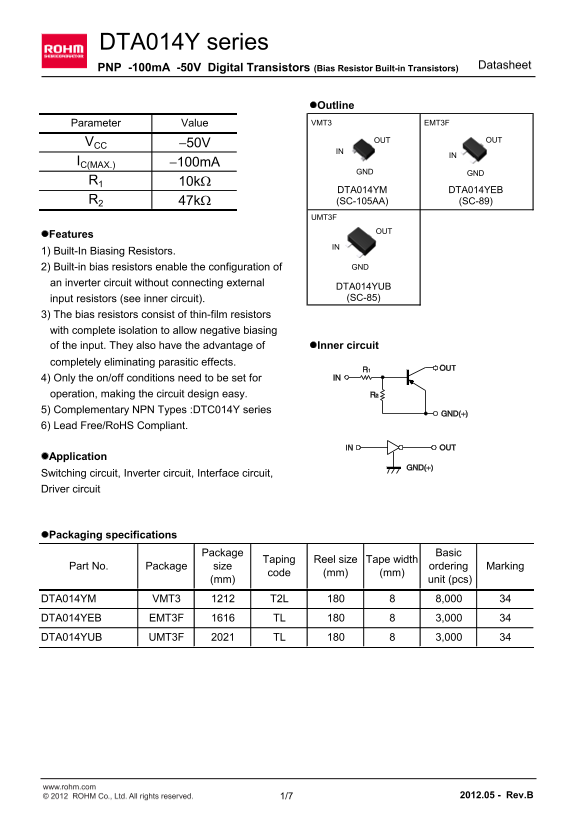 ROHM DTA014YUB Series Data Sheet - Page 1