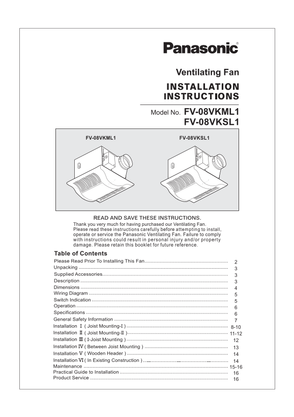 Panasonic FV-08VKML1 FV-08VKSL1 Installation and User Guide - Page 1