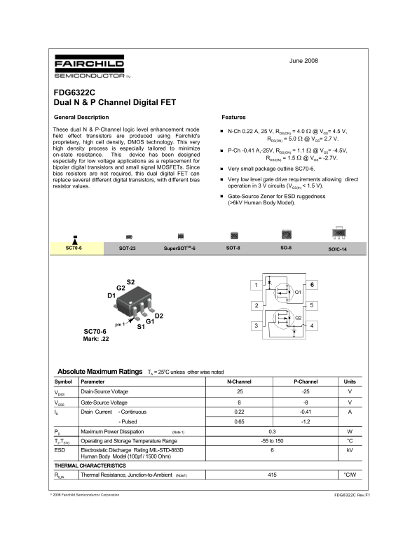 Fairchild FDG6322C Dual N & P Channel Digital FET Data Handbook - Page 1