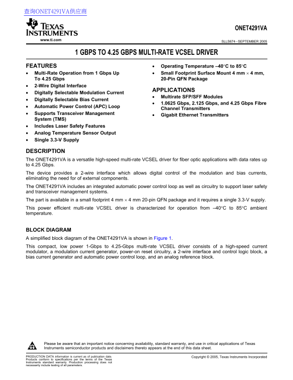 Texas Instruments ONEt4291VA Data Sheet / User's Guide - Page 1