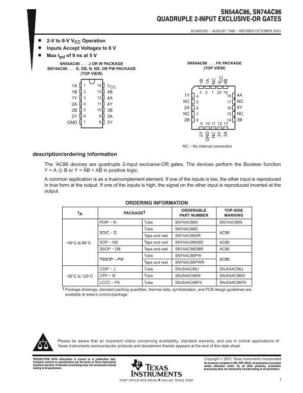 Texas Instruments SN54AC86 SN74AC86 Data Sheet Manual - Page 1