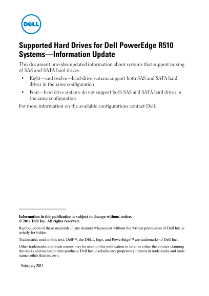 Dell PowerEdge R510 Supported Hard Disk Drives for System Support - Information Update - Page 1