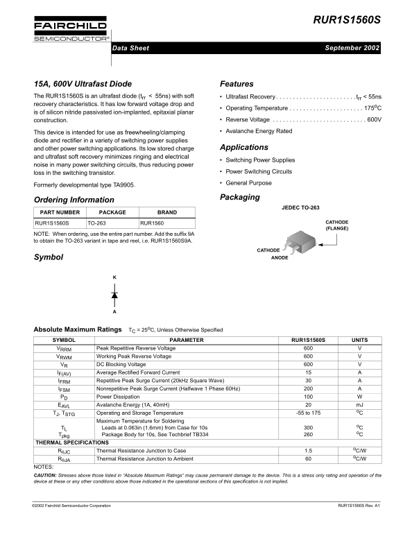 Fairchild RUR1S1560S 15A, 600V Ultrafast Diode Datasheet - Page 1