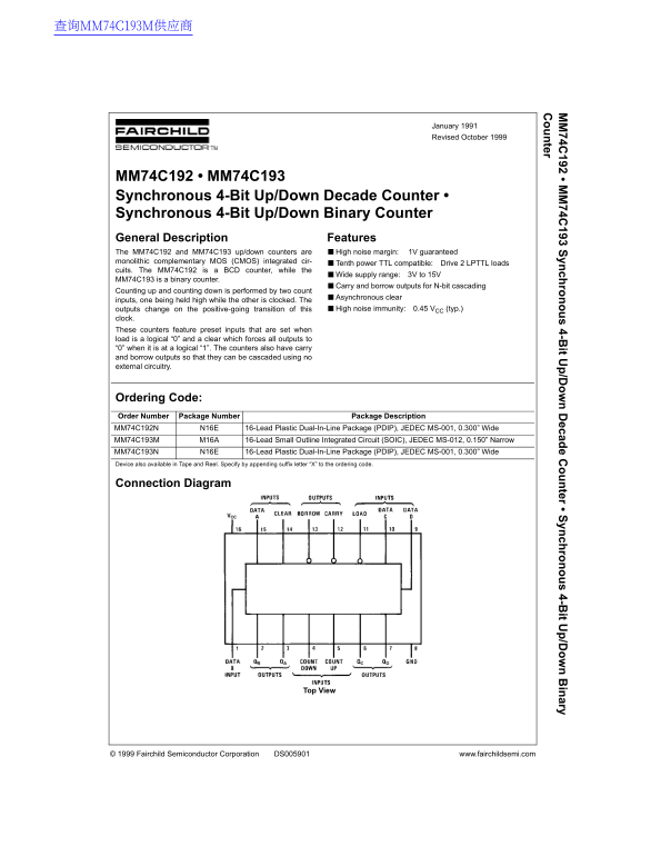 Fairchild MM74C192 MM74C193 Data Handbook - Page 1