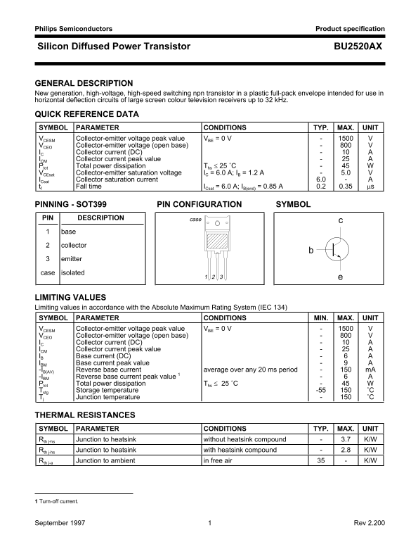 Philips Semiconductors BU2520AX Data Sheet - Page 1