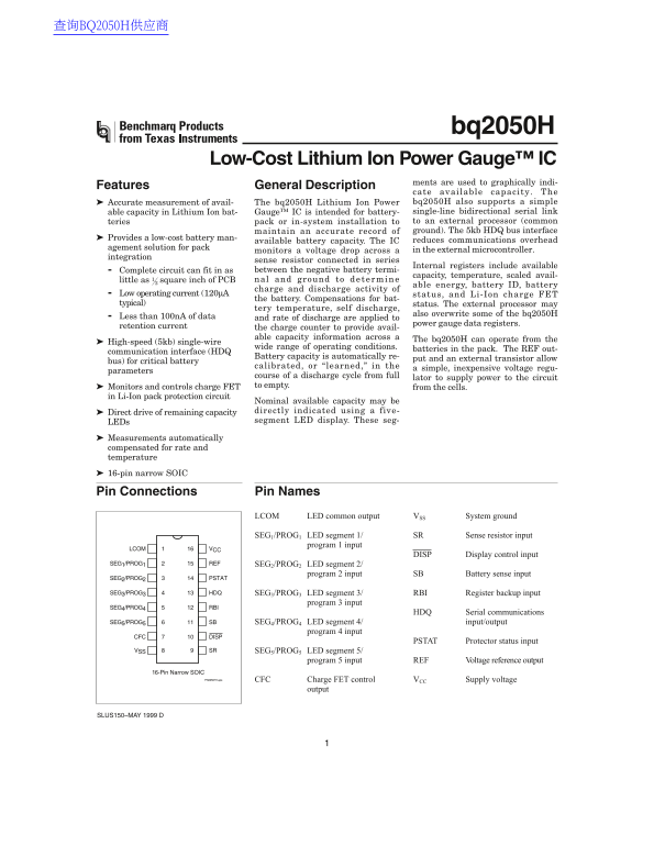 Texas Instruments bq2050H Data Sheet - Page 1