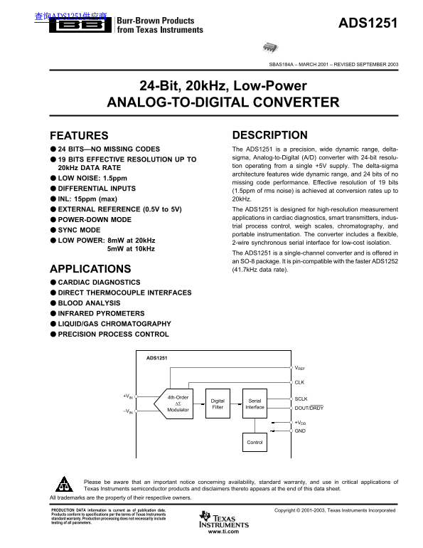 Texas Instruments ADS1251 24-Bit, 20kHz, Low-Power Analog-to-Digital Converter Data Sheet - Page 1