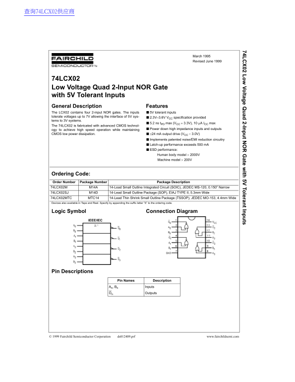 FAIRCHILD semiconductor 74LCX02 Low Voltage Quad 2-Input NOR Gate with 5V Tolerant Inputs - Data Handbook - Page 1