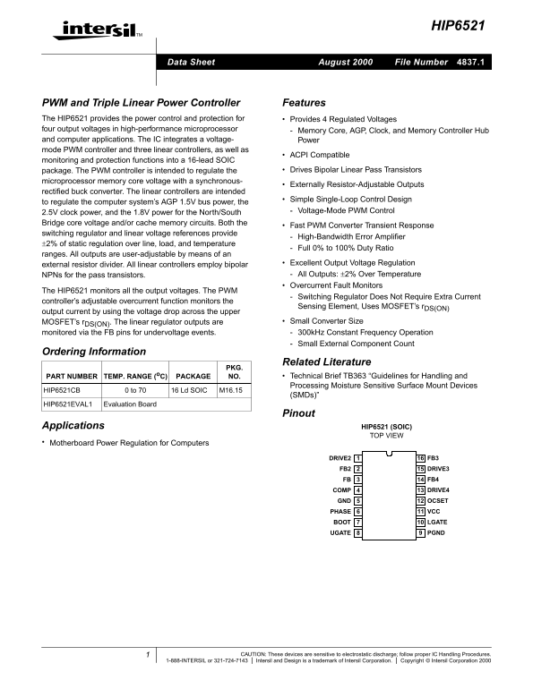 Intersil HIP6521 PWM & Triple Linear Power Controller Data Sheet - Page 1