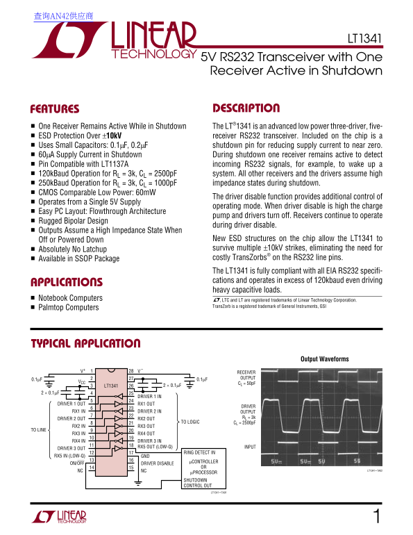LINEAR LT1341 5V RS232 Transceiver with One Active Receiver in Shutdown - Page 1