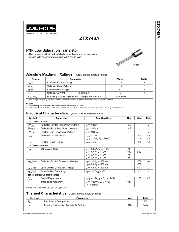 Fairchild ZTX749A PNP Low Saturation Transistor Data Sheet - Page 1