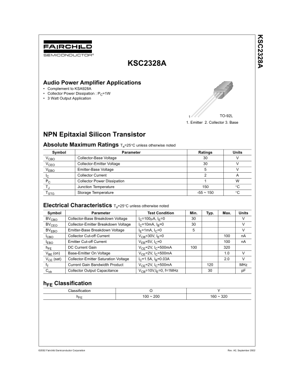 Fairchild KSC2328A NPN Epitaxial Silicon Transistor Data Sheet - Page 1