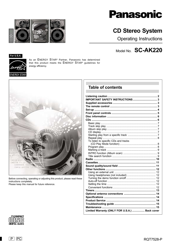Panasonic CD Stereo System Operating Instructions - Page 1