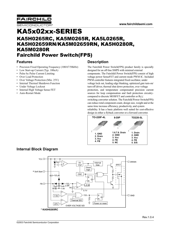 FAIRCHILD KA5x02xx-SERIES KA5H0265RC, KA5M0265R, KA5L0265R, KA5H02659RN KA5M02659RN, KA5H0280R, KA5M0280R - Page 1