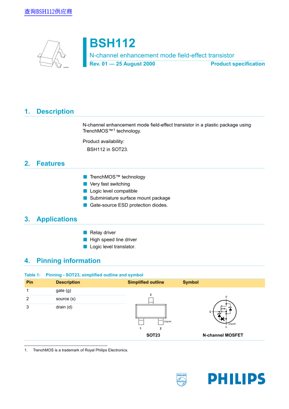 PHILIPS BSH112 User Guide and Data Sheet - Page 1