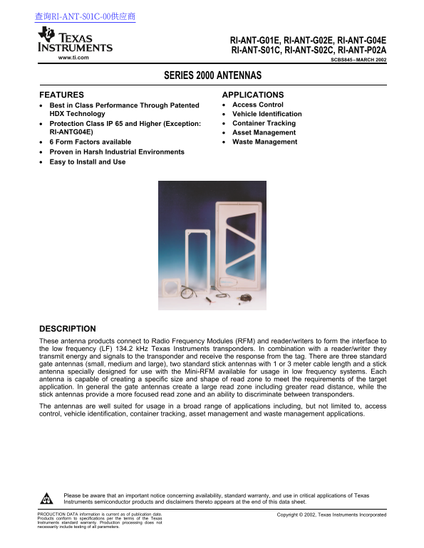 TEXAS INSTRUMENTS RI-ANT-G01E, RI-ANT-G02E, RI-ANT-G04E, RI-ANT-S01C, RI-ANT-S02C, RI-ANT-P02A Data Sheet - Page 1