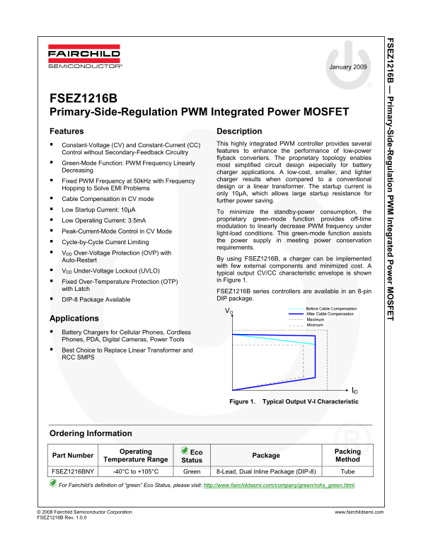 Fairchild FSEZ1216B- Primary-Side-Regulation PWM Integrated Power MOSFET Data Handbook - Page 1