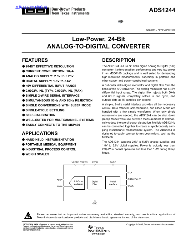 Texas Instruments ADS1244 Low-Power, 24-Bit Analog-to-Digital Converter Data Sheet User Manual - Page 1