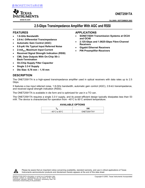 Texas Instruments ONET2591TA Data Sheet/Manual - Page 1