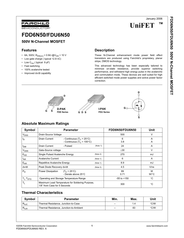 Fairchild FDD6N50 FDU6N50 User Guide and Specifications - Page 1