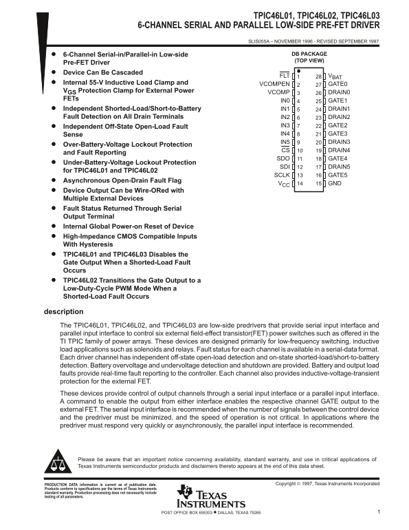 Texas Instruments TPIC46L01, TPIC46L02, TPIC46L03 6-Channel Serial and Parallel Low-Side Pre-Fet Driver Data Sheet Manual - Page 1