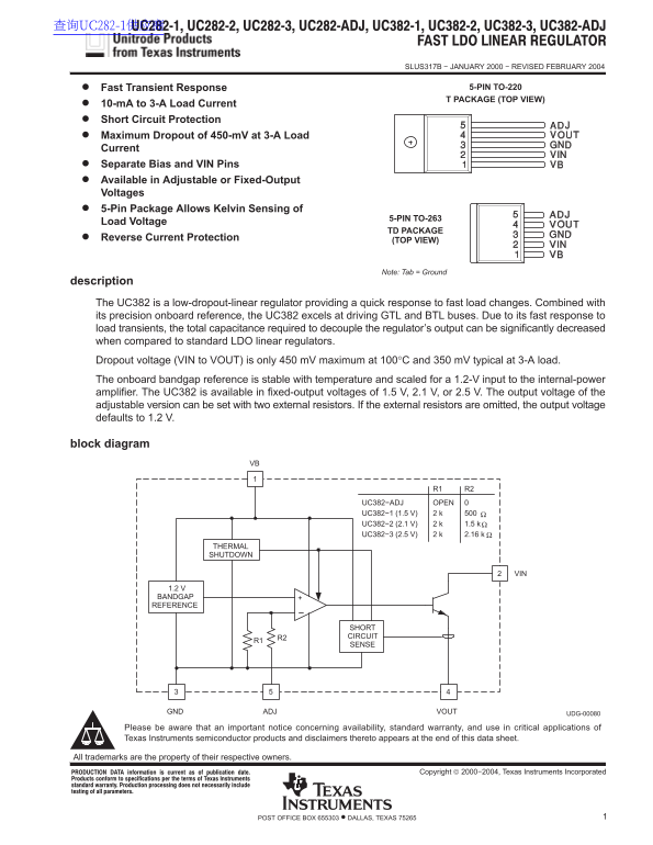 TEXAS INSTRUMENTS UC282-1, UC282-2, UC282-3, UC282-ADJ, UC382-1, UC382-2, UC382-3, UC382-ADJ Data Manual - Page 1