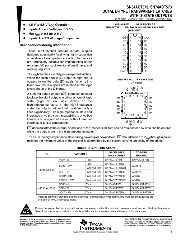 Texas Instruments SN54ACT573, SN74ACT573 Owner's Manual - Page 1