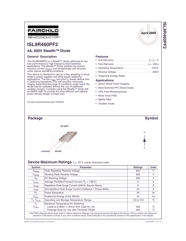 Fairchild ISL9R460PF2 4A, 600V Stealth Diode Data Manual - Page 1