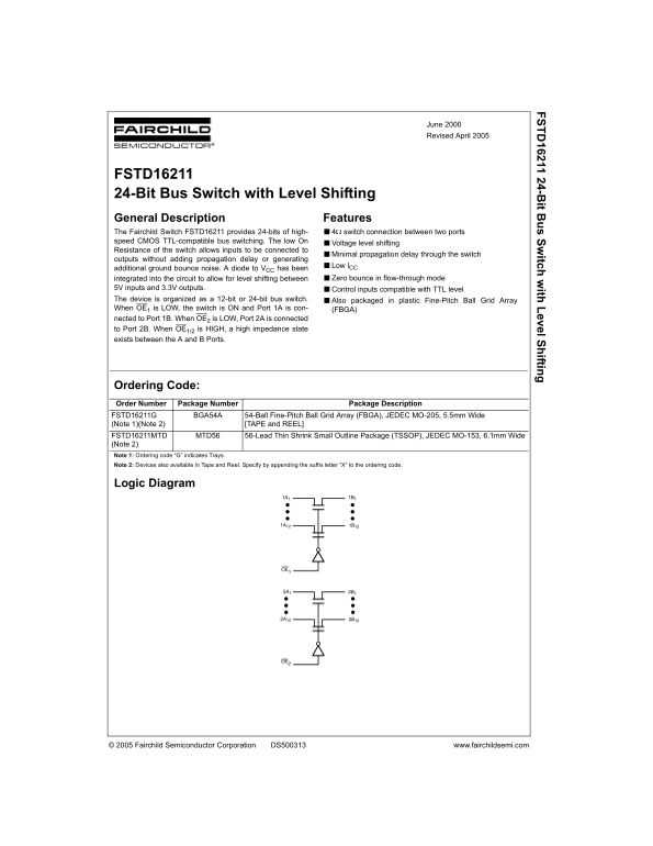 Fairchild FSTD16211 24-Bit Bus Switch with Level Shifting Data Sheet - Page 1