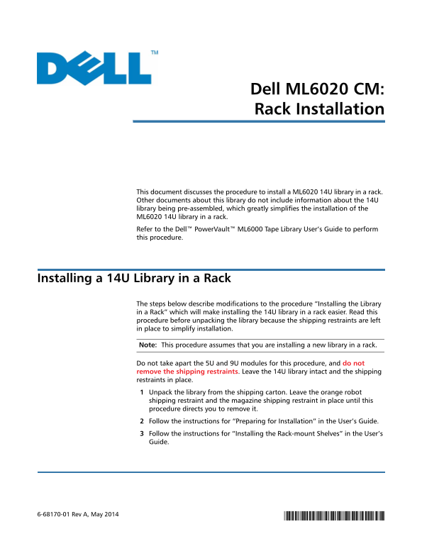 Dell ML6020 CM Rack Installation Owner's Manual - Page 1