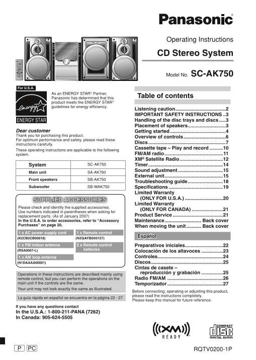Panasonic SC-AK750 User Guide and Manual - Page 1