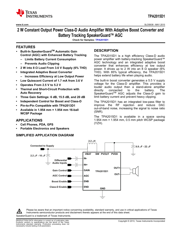 Texas Instruments TPA2015D1 Specifications and User Guide - Page 1