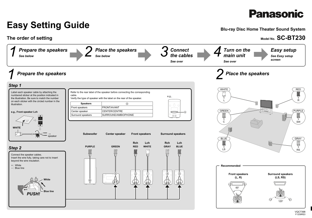 Panasonic SC-BT230 Blu-ray Disc Home Theater Sound System Easy Setting Guide - Page 1