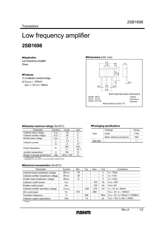 ROHM 2SB1698 User Guide - Page 1