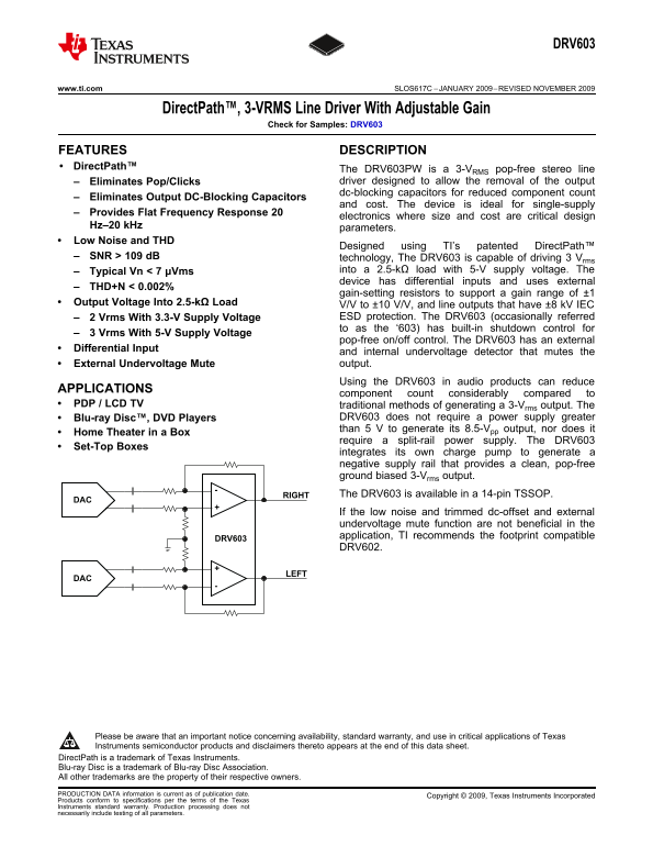 Texas Instruments DRV603 DirectPath™, 3-VRMS Line Driver With Adjustable Gain User's Manual - Page 1