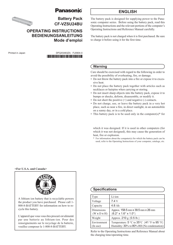 Panasonic CFVZSU24BU User's Manual - Page 1