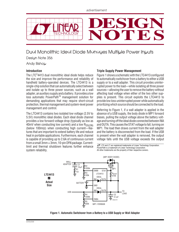 LINEAR Dual Monolithic Ideal Diode Management of Multiple Power Inputs Design Note DN356 - Data Sheet & User Manual - Page 1
