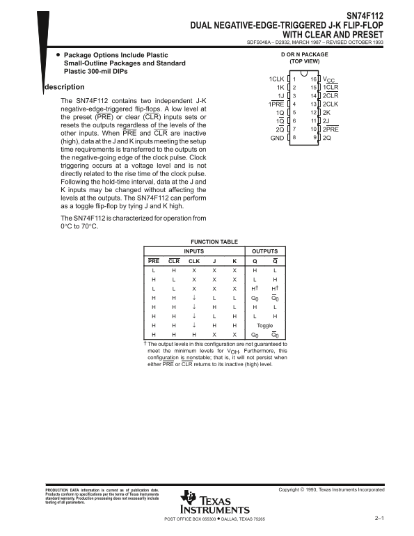 Texas Instruments SN74F112 Dual Negative-Edge-Triggered J-K Flip-Flop with Clear and Preset - Page 1