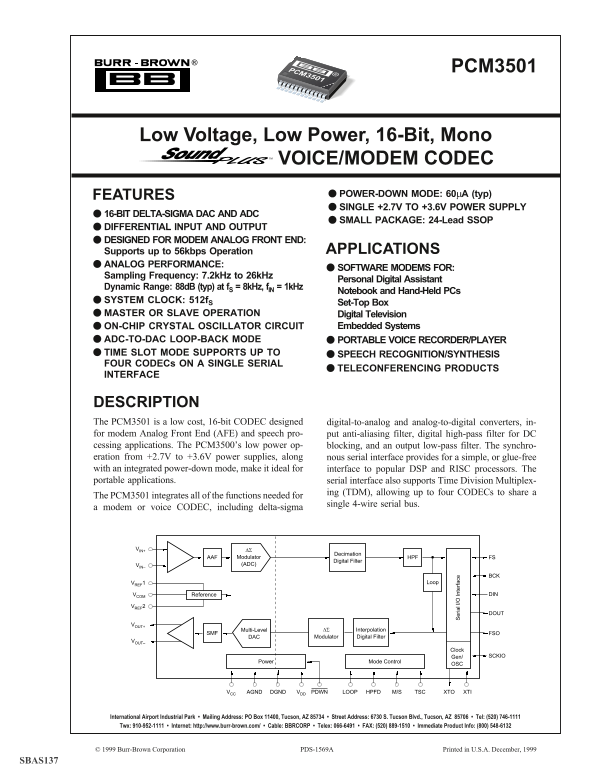 Texas Instruments PCM3501 Data Handbook/Specifications - Page 1