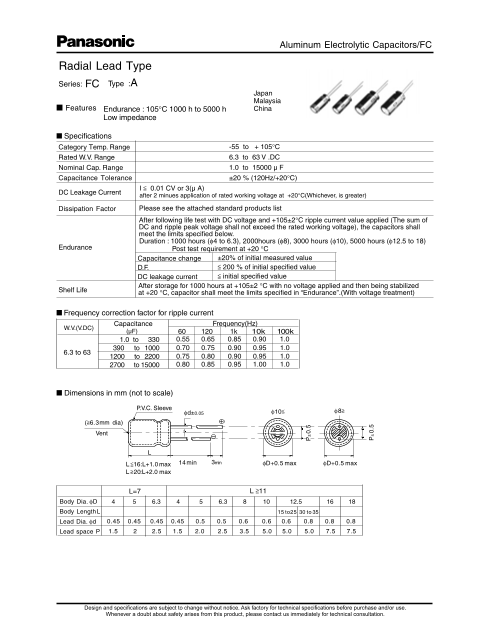 Panasonic Radial Lead Type Series FC Type A User's Manual and Specifications - Page 1