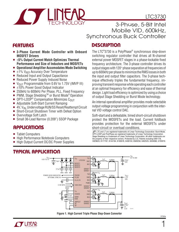 LINEAR TECHNOLOGY LTC3730 3-Phase, 5-Bit Intel Mobile VID, 600kHz, Synchronous Buck Controller User's Manual Data Sheet - Page 1