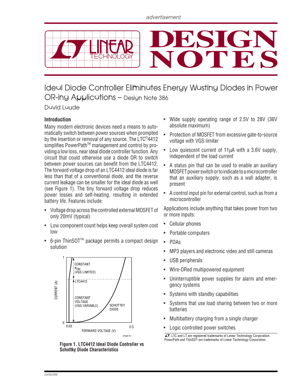 LINEAR Ideal Diode Controller for Energy Efficiency in Power OR-ing Applications – Design Note 386 by David Laude - Page 1