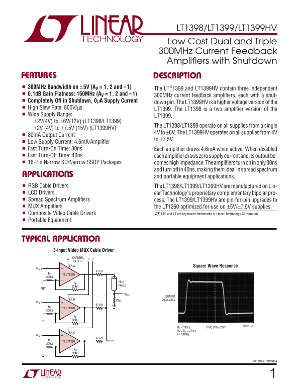 LINEAR TECHNOLOGY LT1398 LT1399 LT1399HV Owner's Manual - Page 1